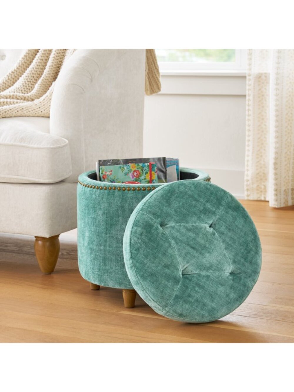 The Pioneer Woman Home Green Footstools Harper Round Velvet Storage Jade Ottoman